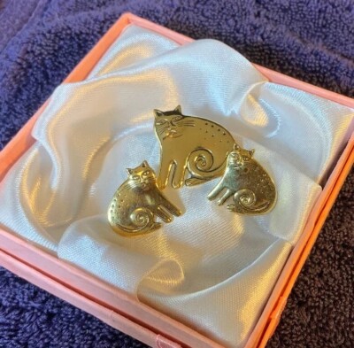 BRIGHT 22KT GP by Laurel Burch Earrings & Brooch Cats Sitting  Set #9