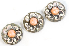 Victorian Ornate Pink Coral & Rhinestone Button Lot 3 Hand Painted Floral 24mm