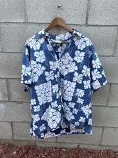 Go Barefoot Vintage Made in USA Blue and White Hibiscus Print Hawaiian Shirt