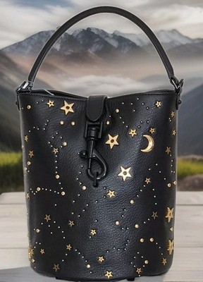  REBECCA MINKOFF EDIE TOP HANDLE BLACK LEATHER BUCKET BAG CELESTIAL STUDS NWT!