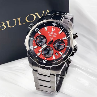 #ad #ad Bulova Marine Star 98B350 Men#x27;s Chronograph Quartz Watch Red Dial Stainless 43mm $159.02