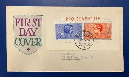 Valuable SWITZERLAND 1937 Pro Juventute First Day Cover FDC Sc# B89 souv. sheet
