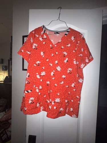 Elle Medical Red Floral Print V-Neck Scrub Top