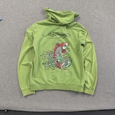 Y2K Womens Ed Hardy Hoodie Full Zip Up XL Green Koi Fish Rhinestone Tattoo VTG