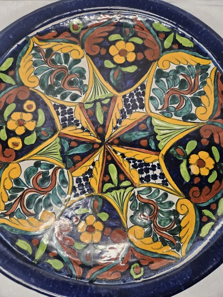 Plato colgante de pared vintage de cerámica de arte popular mexicano pintado a mano 18,5" redondo Foto 3 de 4