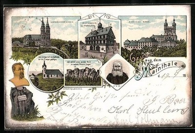Lithograph Bad Staffelstein, Vierzehnheiligen im Mainal, Schloss Banz, Rath 