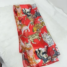 Vintage Cat Print Oblong Scarf Red Sheer Kittens Head Purse Scarf 60x14 Korea