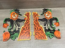 (2) Vintage 1950s Halloween Scarecrow w/Honeycomb Corn Stalk&Pumpkin Die Cut