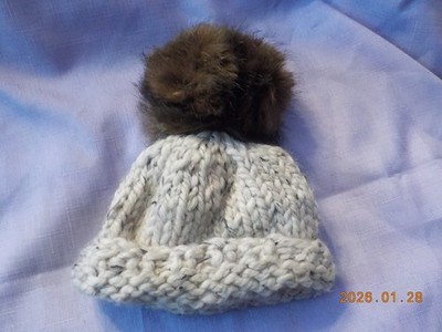 Child off white & brown Cozy & Warm Winter Hat with brown POM