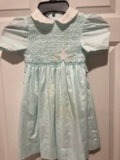 Polly Flinders Mint Green Hand Smocked Dress Size 6 Lace Collar Embroidery