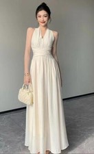 Sexy Women V Neck Halter Summer Beach Dress Slim Waist Long Elegant Maxi Dress