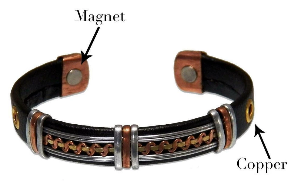 Pulsera magnética envuelta en cuero de cobre macizo hombres mujeres energía dolor joyería Foto 2 de 2