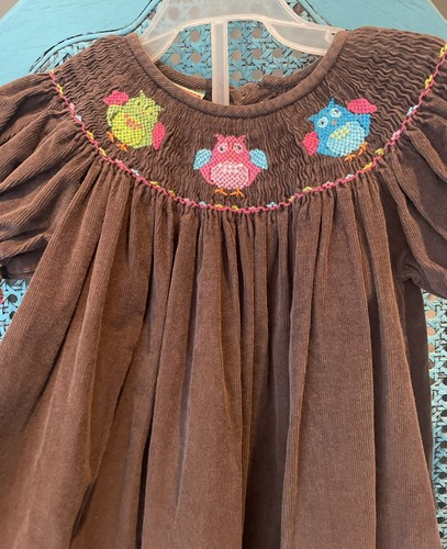 Southern Tots Dress Toddler 2T Smocked Brown Corduroy Owls Pink Trim Autumnal