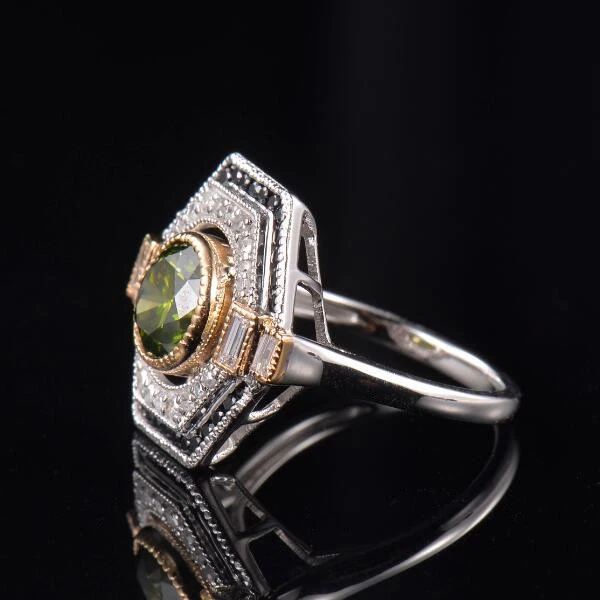 Anillo redondo de diamantes naturales con bisel de turmalina verde de 7,5 mm de oro sólido de 14 K en dos tonos Foto 3 de 4