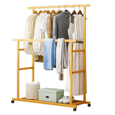Mobil Garderobenständer Kleiderständer Bambus mit Kleiderstange Ablage Rollen DE