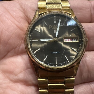 #ad Running VTG Pulsar Mens Watch Steel Gold Day Date Black Dial Quartz Y148 6009 $43.74