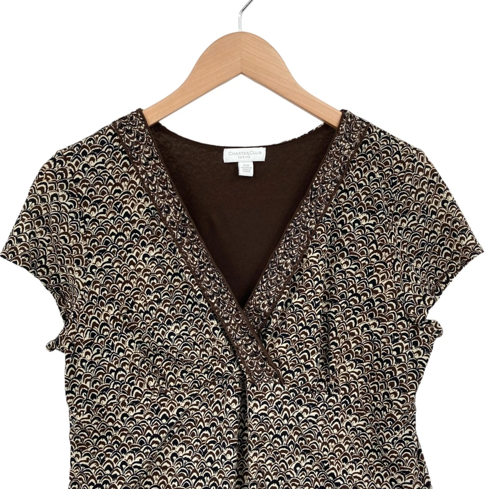 Charter Club Blouse Top Womens Petite Medium Multi Geo Print Short Sleeve V Neck - Image 3 of 4