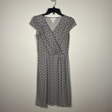 Ann Taylor Loft Dress Women’s Sz 2 White Black V Neck Faux Wrap W/Cap Sleeves