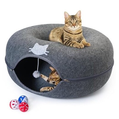 Meow Mansion Large Cat Cave Donut Bed - Cat Tunnel Bed for Large Cats up to 