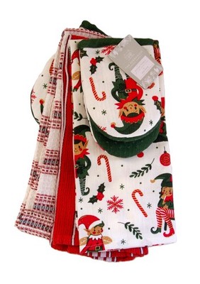 Rachel Ashwell 5 Pc Kitchen Set 3 Dish Towels 2 Mini Mitts Christmas Holiday Elf