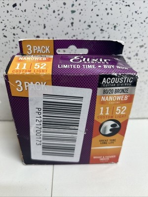 Elixir 16538 3er-Pack Akustikgitarrensaiten 80/20 Bronze 11-52 Custom Light Neu.