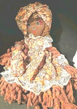 Black Mop Head Doll With Baby Rare Handmade  Peach Lace And Little Bows. 