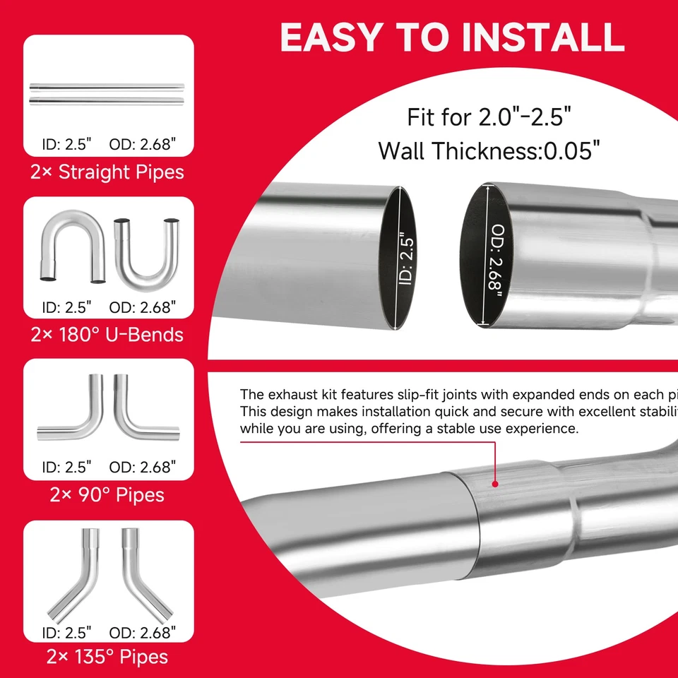For Chevrolet K1500 K2500 8X 2.5” Exhaust Pipe Kit Mandrel U-Bend Straight Pipes - Image 4 of 4