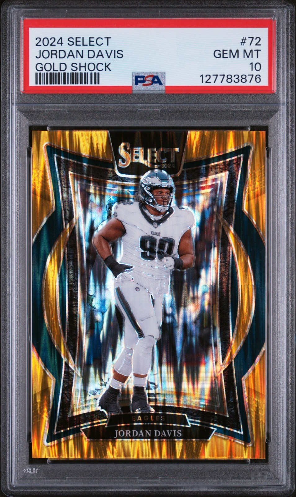 PSA 10 JORDAN DAVIS /10 GOLD SHOCK PRIZM #72 2024 PANINI SELECT PHI EAGLES