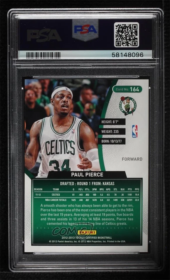 2012-13 Totally Certified Paul Pierce #164 PSA 10 GEM MT HOF - Image 2 of 2