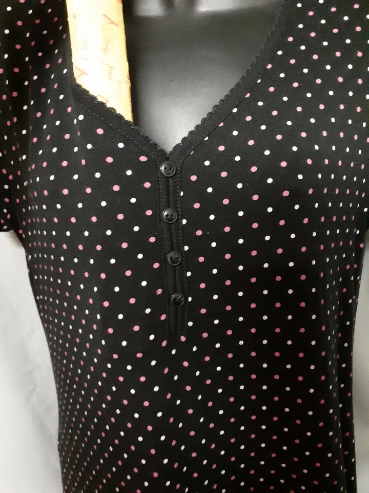 Camisón Charter Club negro lunares pantorrilla manga gorra algodón XS 38" BUSTO Foto 4 de 4