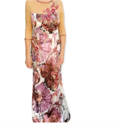 NWOT Custome Made Floral Print Embellished Illusion Neckline Gown Size 4/6