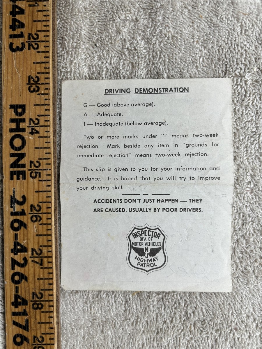 1970s New Jersey Driving Test Score Sheet Highway Patrol Vintage