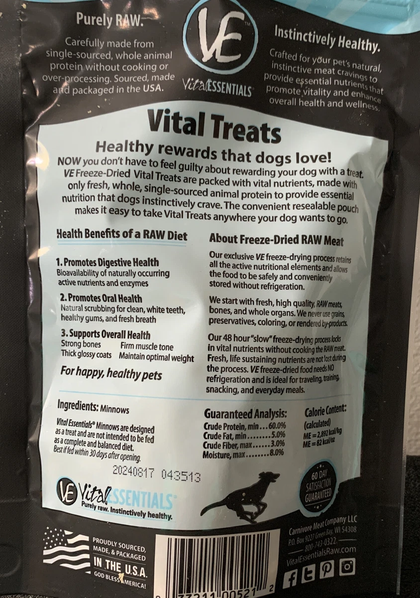 Vital Essentials Freeze Dried Dog Treats, Minnows 1.0 oz Best By 8/17/2024