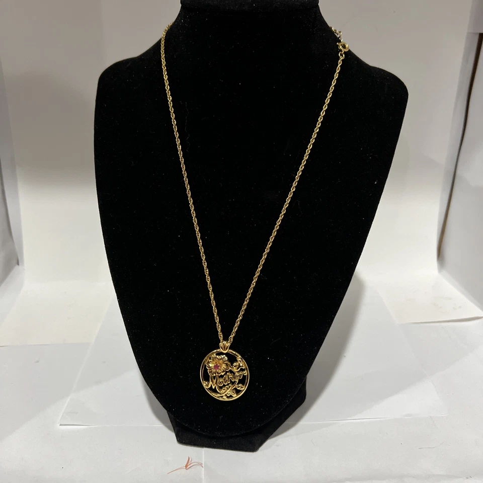 Collar Madre Avon Tono Dorado Floral Colgante Rubí Piedras Preciosas Cuerda Cadena Foto 2 de 4