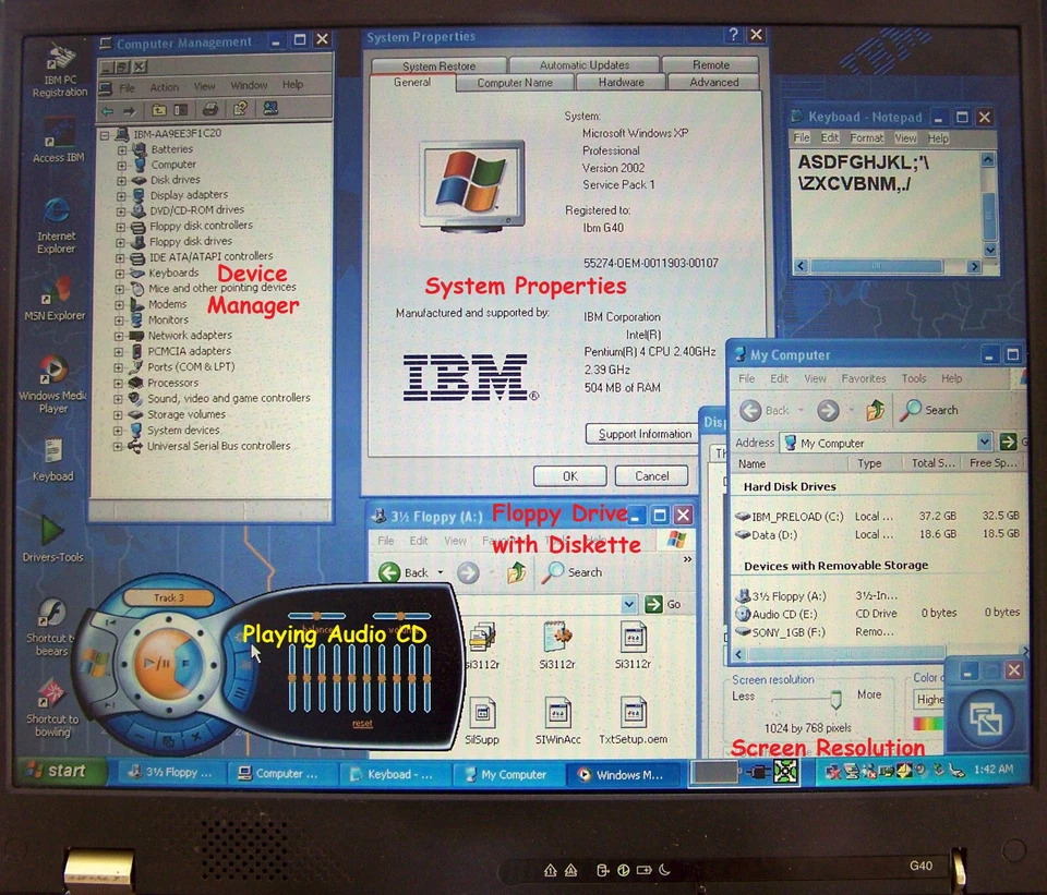 Rare IBM Laptop G-40 Type 2388 Intel-P4 2.4GHz 504MB 60GB Parallel Floppy (x a t - Image 3 of 4