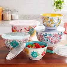 Pioneer Woman Melamine Mixing Bowl With Lid 10Pc Set Fancy Flourish Floral New