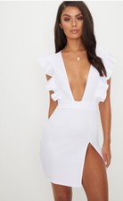 Pretty Little Thing White Frill Plunge Split Leg Bodycon Dress Size S