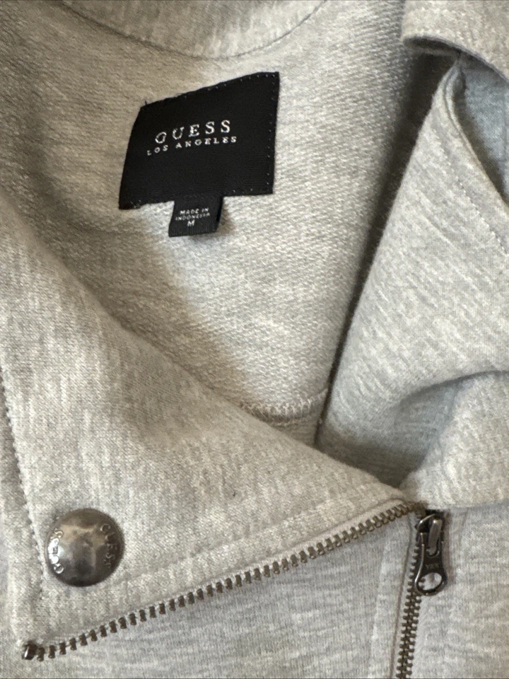 GUESS 洛杉矶灰色摩托夹克 M 拉链前纹理针织袖休闲时尚 — 第 2/3 张图片