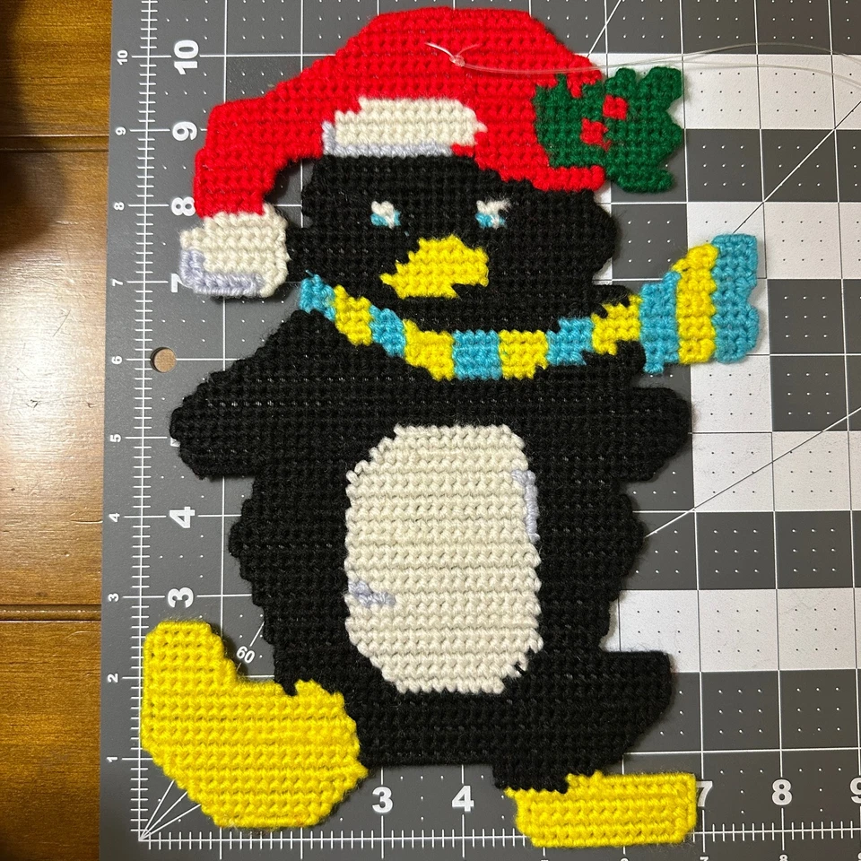 2 Completed Design Works Christmas Penguin Plastic Canvas Yarn Wall Decor - Image 3 of 4