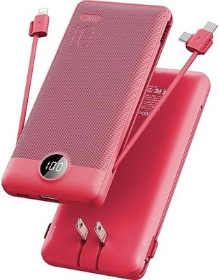 Small 10000mAh Portable Charger with Built-in Cables and AC Plug