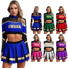 Womens Cheerleading Uniform Outfits Long Sleeve Crop Top with Mini Pleated Skirt