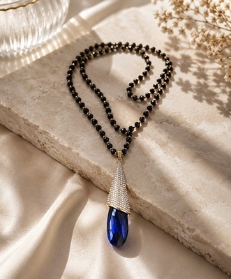 Black Beaded Blue Crystal Teardrop Pendant  Statement Necklace New