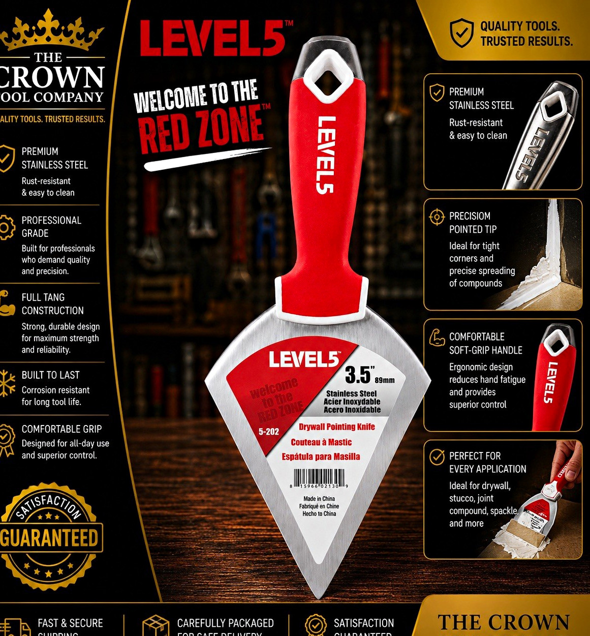 LEVEL5 3.5 in Stainless Steel Drywall Pointing Putty Knife Silver/Red 5-202 1pc