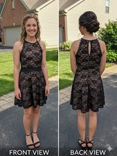 Lily Rose Black Floral Lace Fit Flare Mini Dress Halter Neck Nude Lining Size S