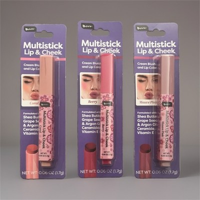 b.pure Multistick Lip & Cheek Cream Stick, Coral Berry Mauve Pink 0.06 oz