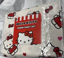 Sanrio Hello Kitty 4 Pc Queen Sheet Set White w/Kitty, Bows, Hearts