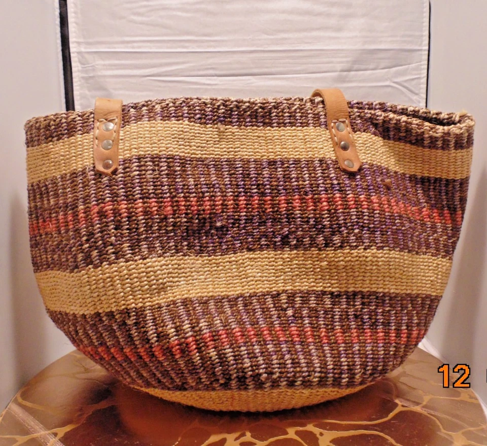 Винтажная джутовая сумка-тоут Sisal Market сплетенная сумка-ведро кожаные ремни - Изображение 3 из 4