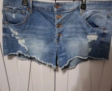 No Boundaries Cut Off Women's 21 Blue Denim Shorts Distressed Button Fly