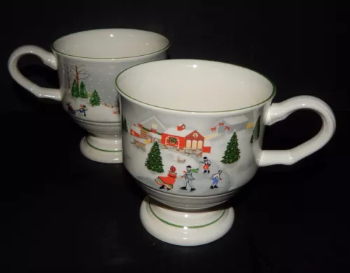 2 Silent Night Sango Footed Holiday Cup Mug Christmas Winter Scene 3900 