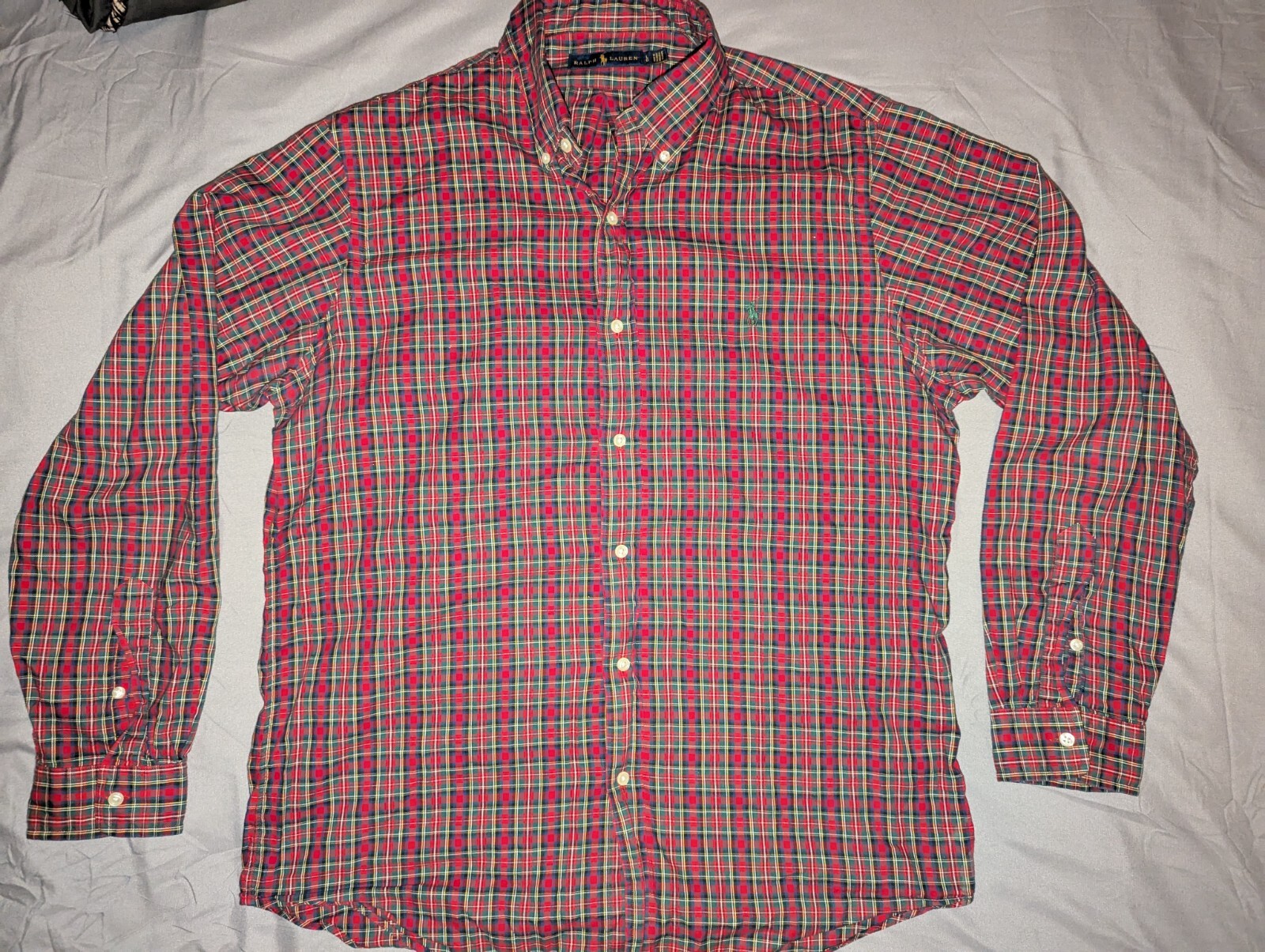 Polo Ralph Lauren quadri stampa quadri logo pony Oxford rosso verde camicia flanella L